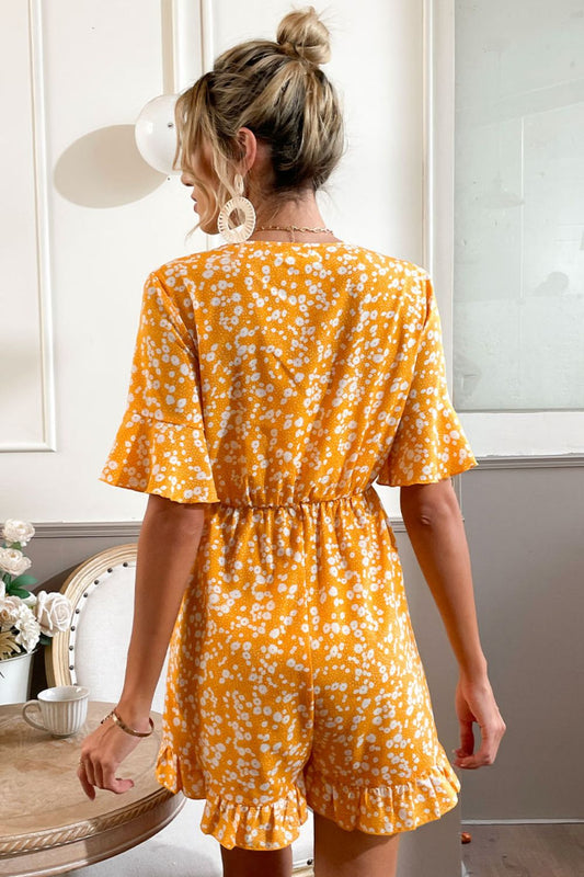Printed Full Size Surplice Neck Ruffled Romper