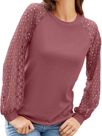 Full Size Adryane Jay Eyelet Round Neck Long Sleeve T-Shirt