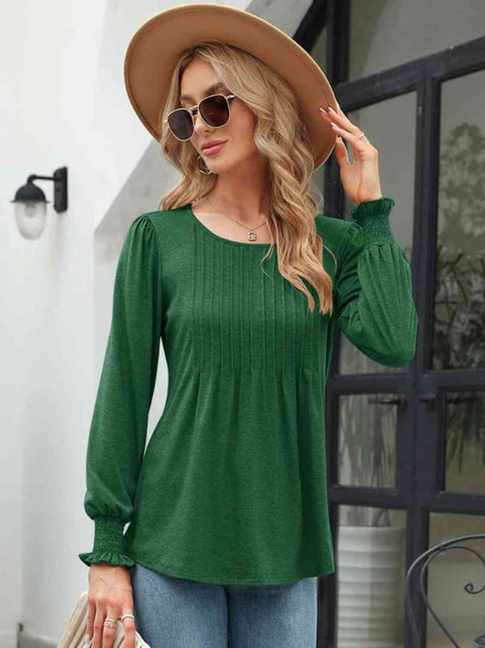 Aurora Lea Smocked Round Neck Lantern Sleeve Blouse