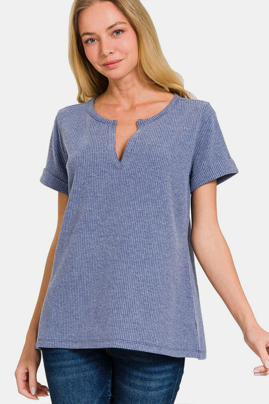 Zenana Notched Short Sleeve Waffle T-Shirt - Brand Zenana