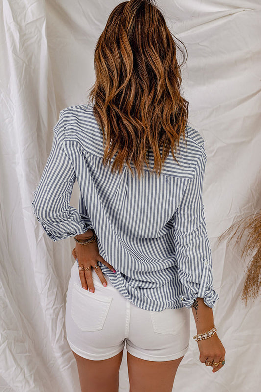 Women's Full Size Striped Button-Up Roll-Tab Sleeve Shirt