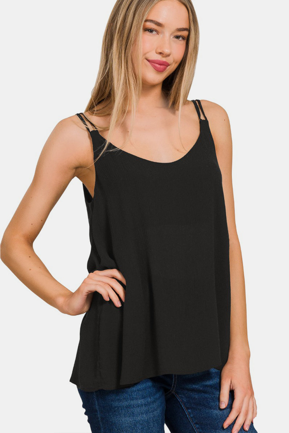 Zenana Woven Double Spaghetti Strap V-Neck Cami- Brand Zenana