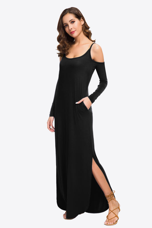 Women's Full Size Valencia Cold-Shoulder Split Dress with Pockets