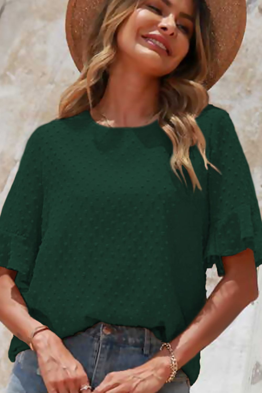 DANICA Swiss Dot Flounce Sleeve Round Neck Blouse