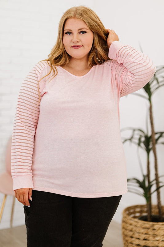 Plus Size Sheer Striped Sleeve V-Neck Top *