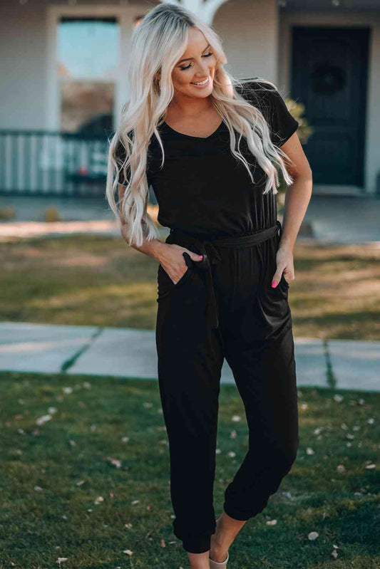 Black Belted V-Neck Jogger Jumpsuit