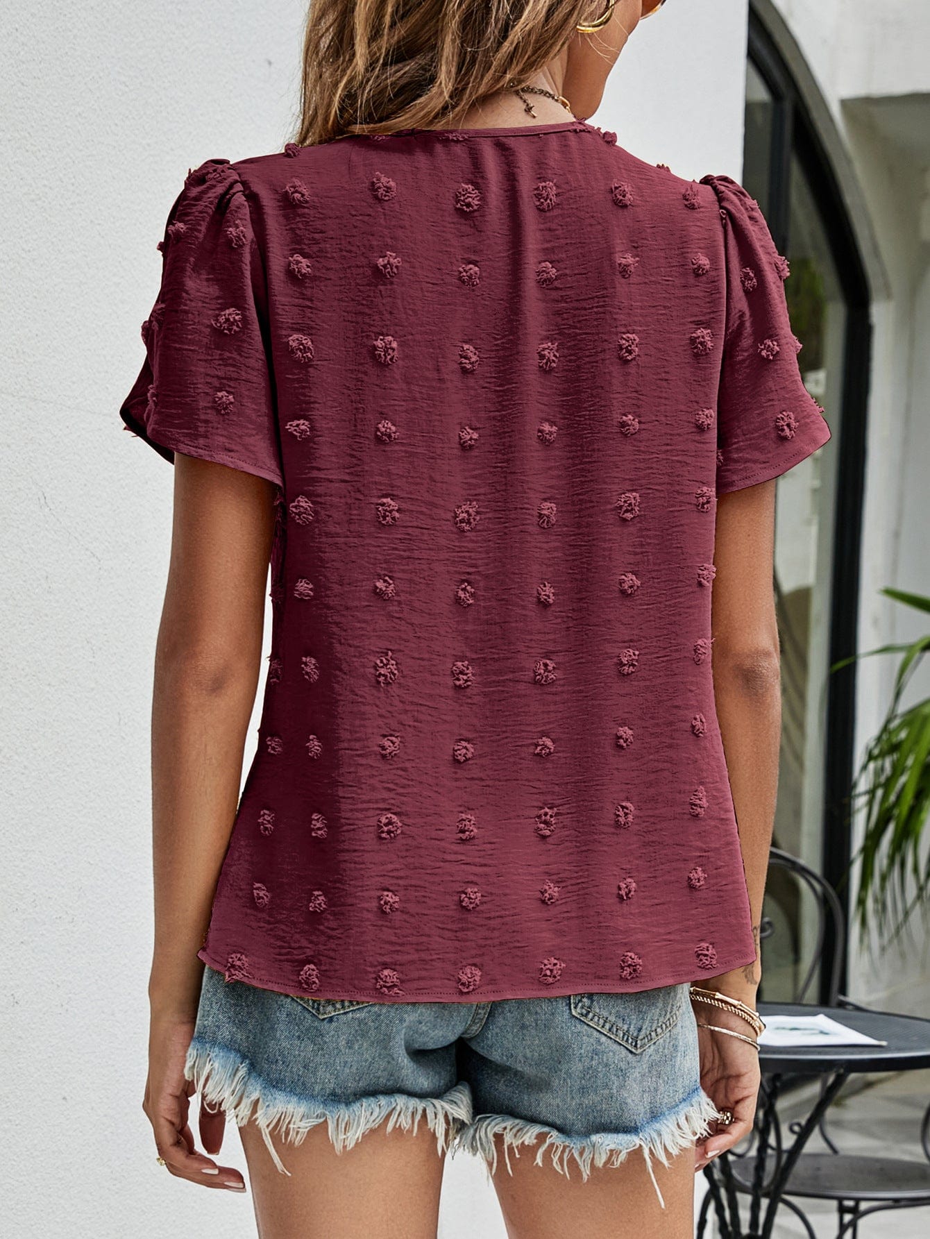 Malibu Dreams Swiss Dot Round Neck Petal Sleeve Top