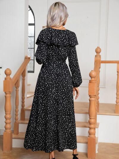 Polka Dot Tie Front Long Sleeve Slit Black Dress