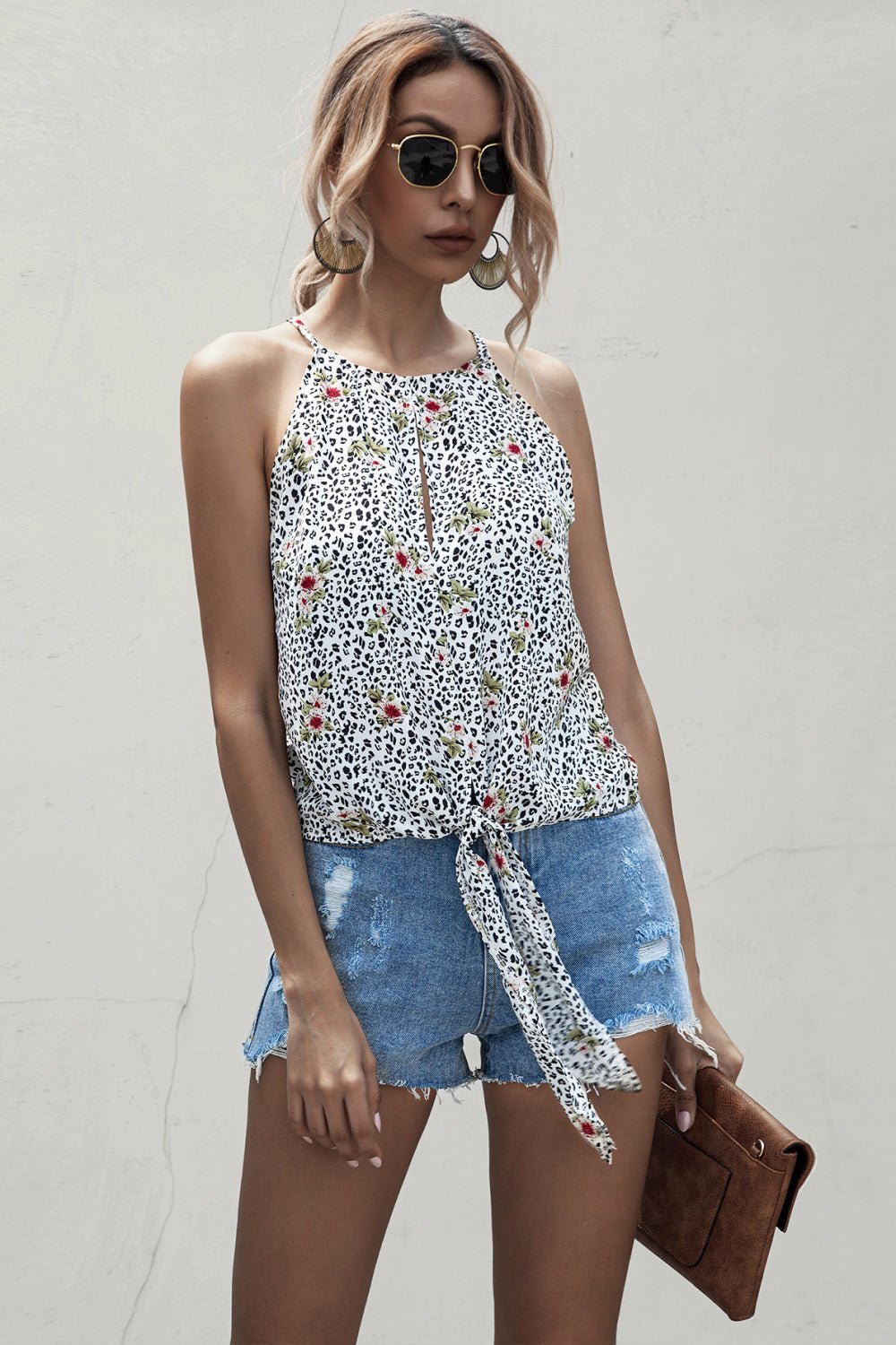 GeometricFashion Leopard Floral Halter Tie Front Top