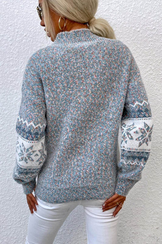 CHRISTMAS Snowflake Pattern Mock Neck Sweater
