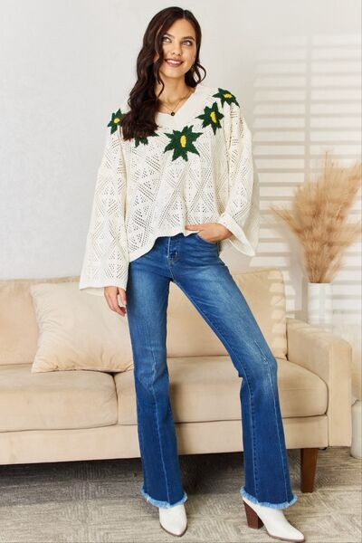 POL Cream Floral Embroidered Pattern V-Neck Sweater