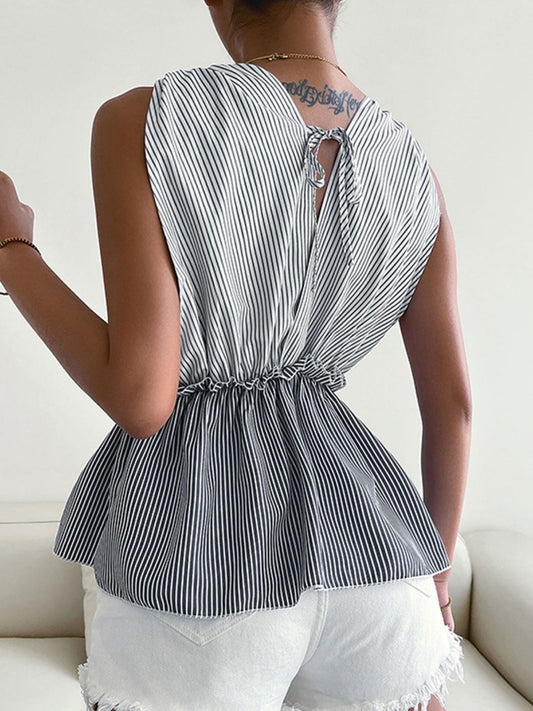 Women's Full Size Striped Frill Trim Tied Peplum Blouse