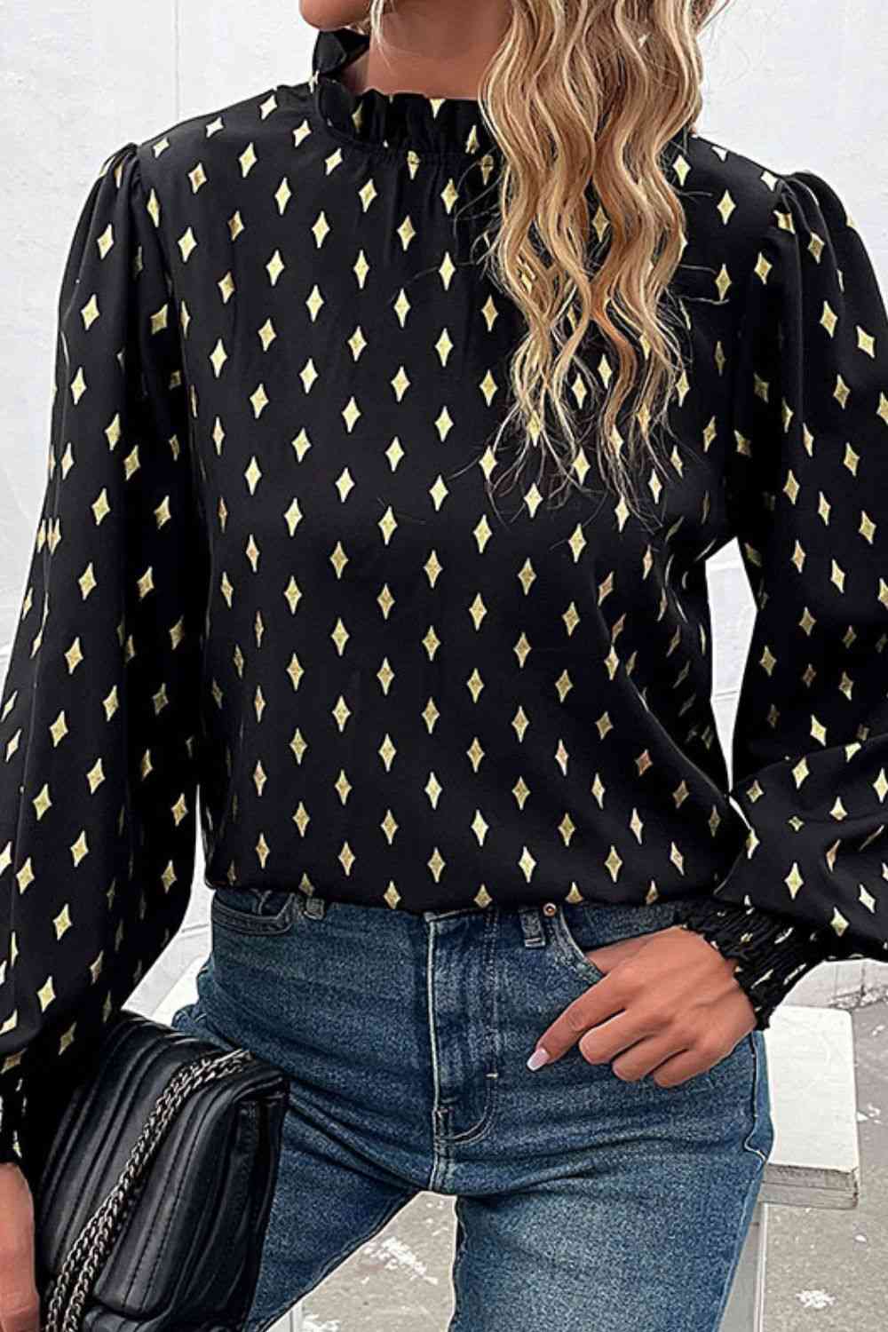 Geometric Print Frill Neck Lantern Sleeve Black Blouse