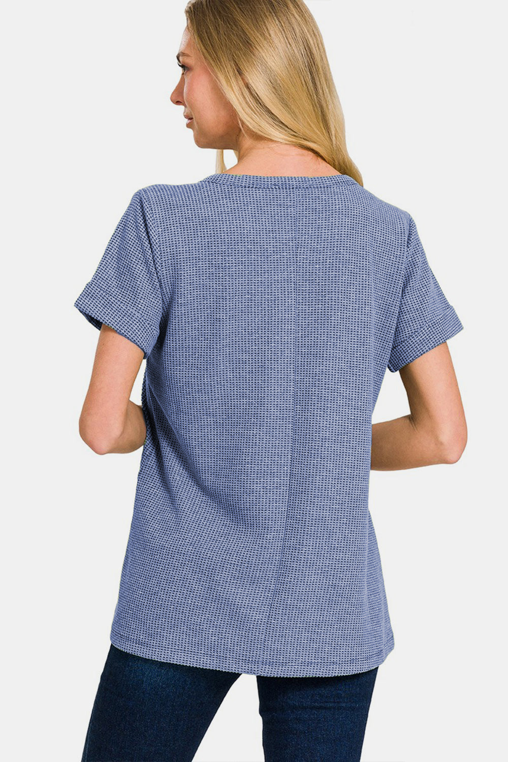 Zenana Notched Short Sleeve Waffle T-Shirt - Brand Zenana