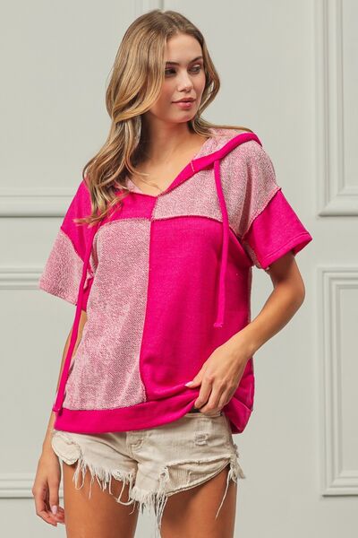 BiBi Color Block Exposed Seam Short Sleeve Hooded Top - Brand BiBi