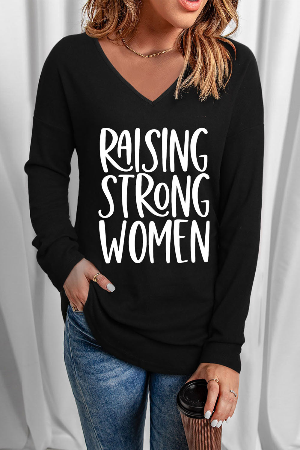 Women's Full Size RAISING STRONG WOMEN Graphic V-Neck Top