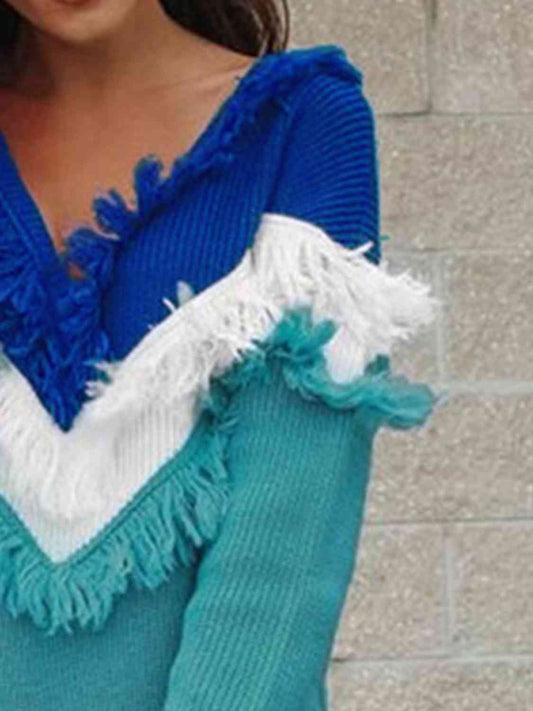 KnittedEmporium Color Block Fringed V-Neck Sweater