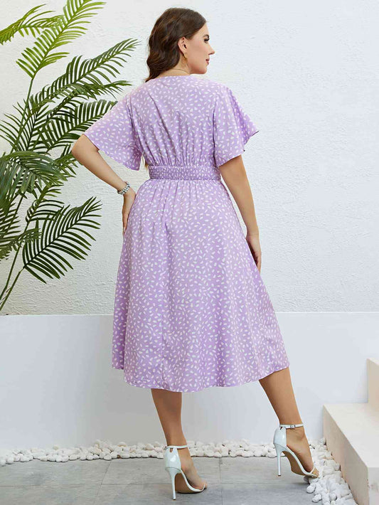 Plus Size Lavender Printed Smocked Waist Surplice Dress