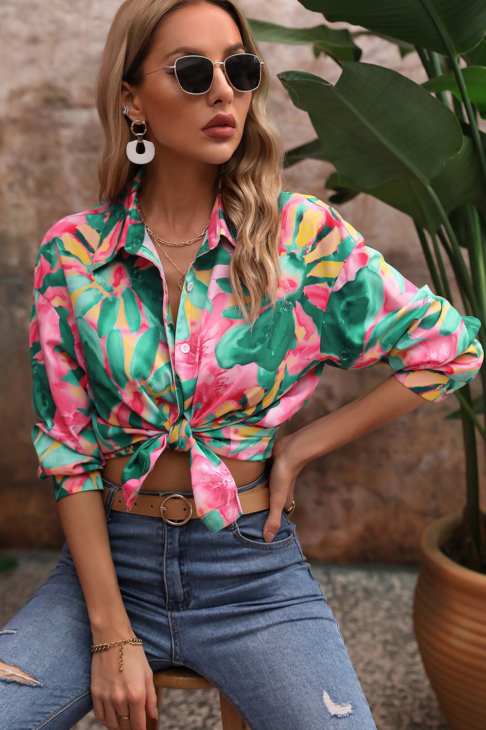 AuroraBlissX Floral Print Collared Neck Long Sleeve Shirt
