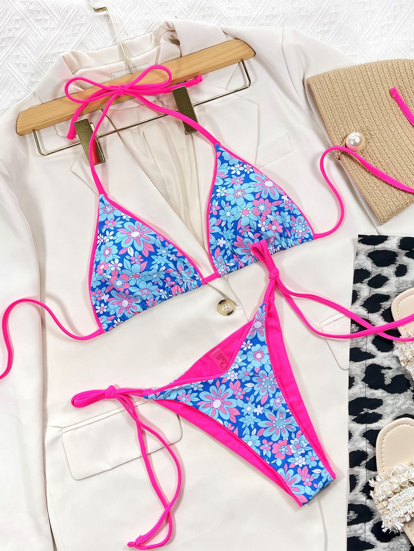 CY APPLE Floral Halter Neck Tie Side Bikini Set