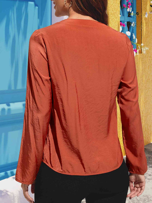 Red Orange Notched Neck Long Sleeve Top