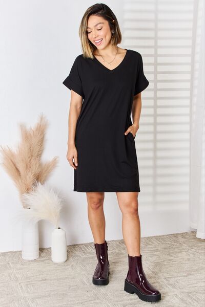 Zenana Full Size Rolled Short Sleeve V-Neck Dress - Brand Zenana