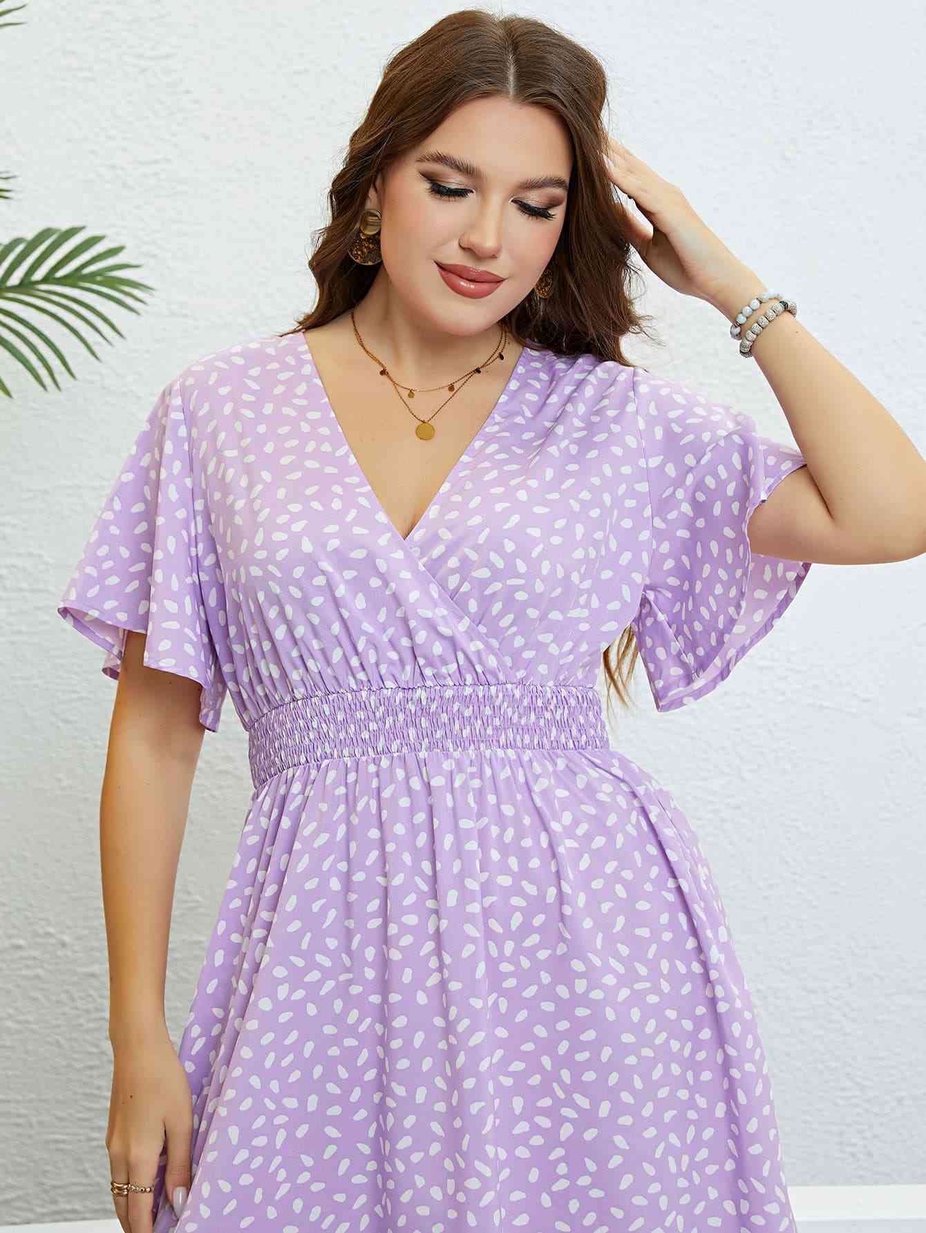 Plus Size Lavender Printed Smocked Waist Surplice Dress
