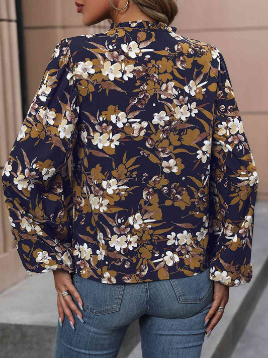Navy Blue Floral Notched Balloon Sleeve Blouse
