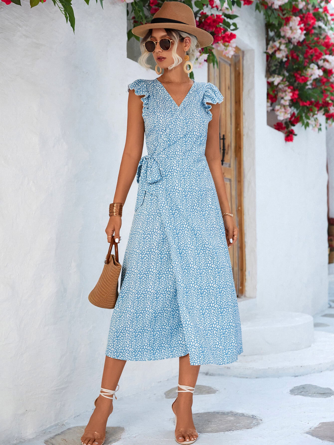 Women's Printed Tied Flutter Sleeve Dress