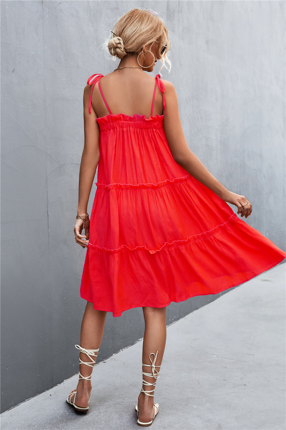 Women's Tie-Shoulder Frill Trim Sleeveless Dress