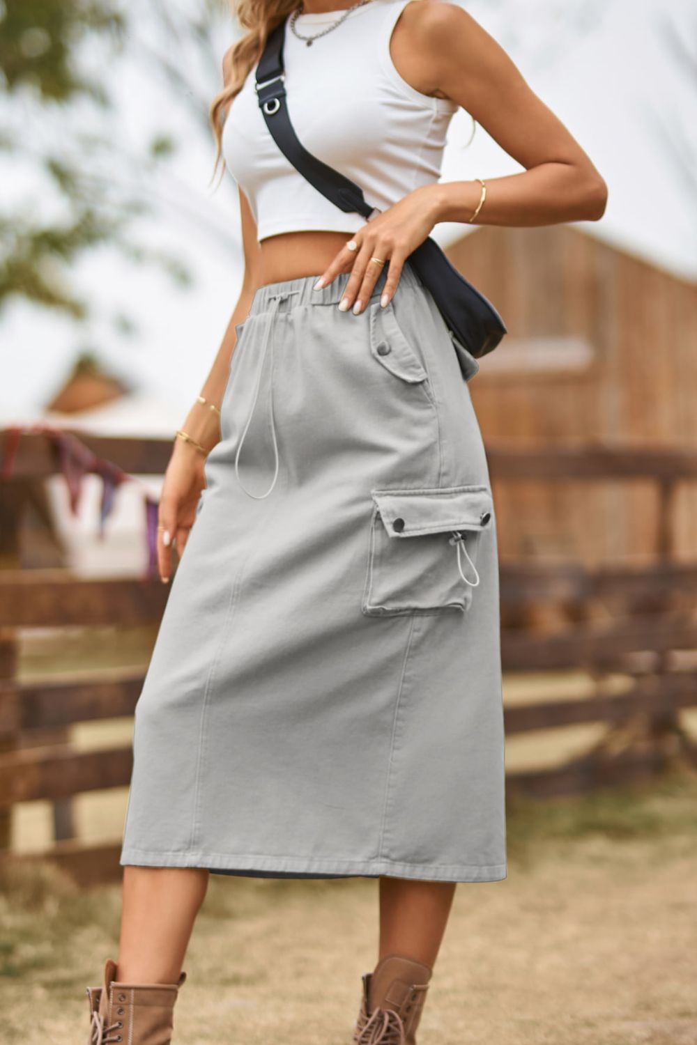 Women's Full Size Drawstring Waist Slit Denim Skirt