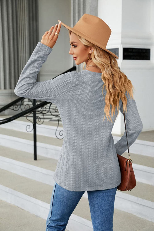 Full Size Cable-Knit Long Sleeve V-Neck T-Shirt