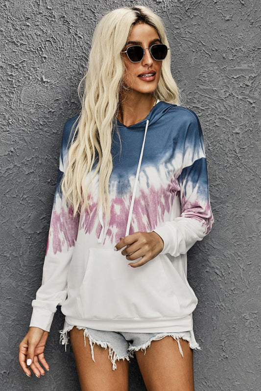 Full Size Oversized Boho Blue Tie-dye Drop Shoulder Hoodie *