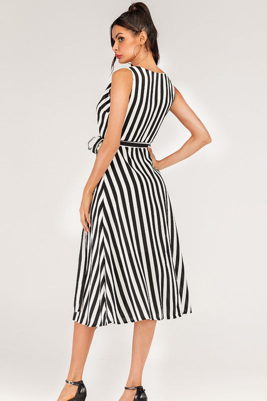 Women's Striped Surplice Tied Sleeveless Dress
