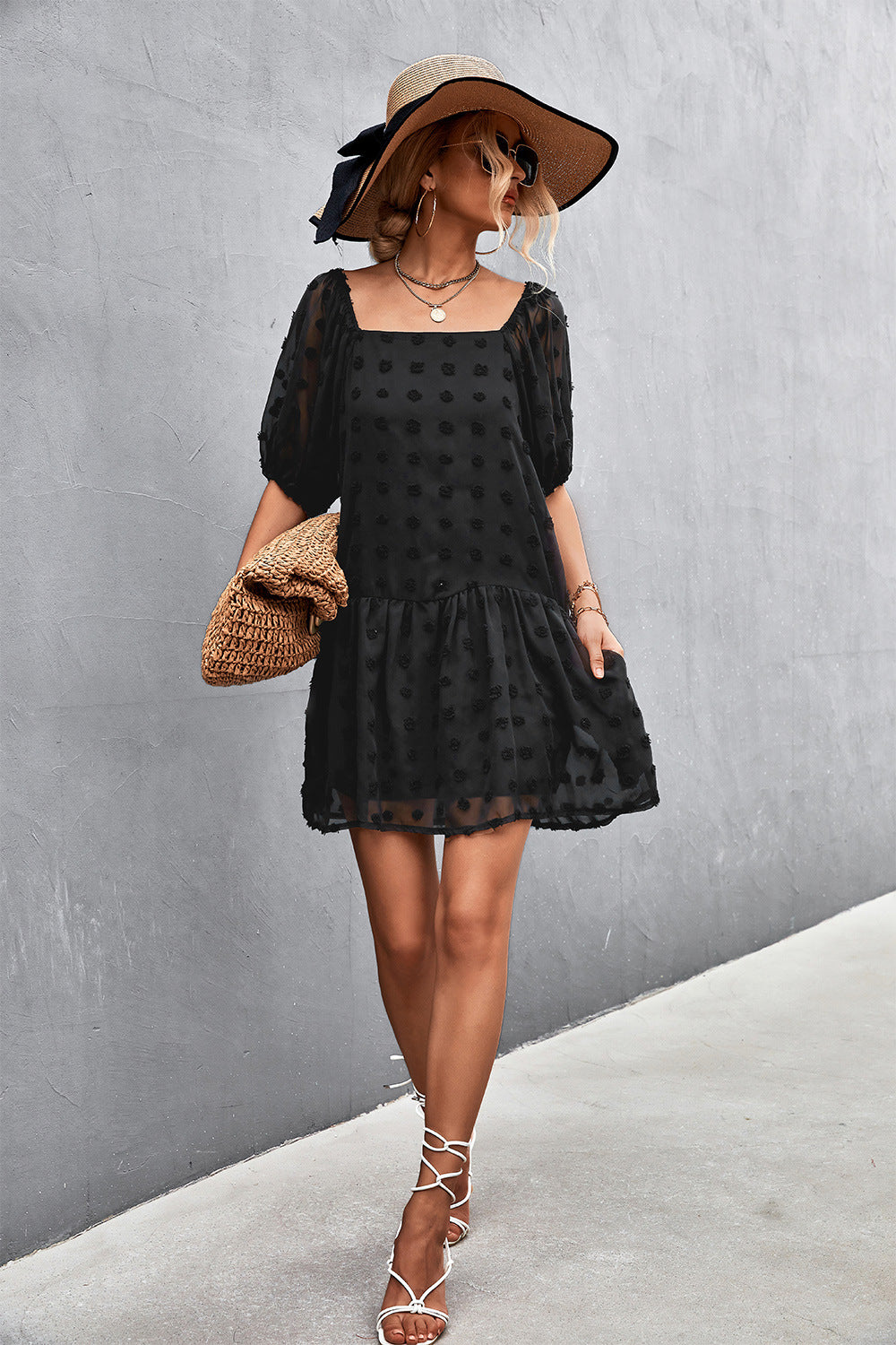 Women's Swiss Dot Square Neck Half Balloon Sleeve Dress