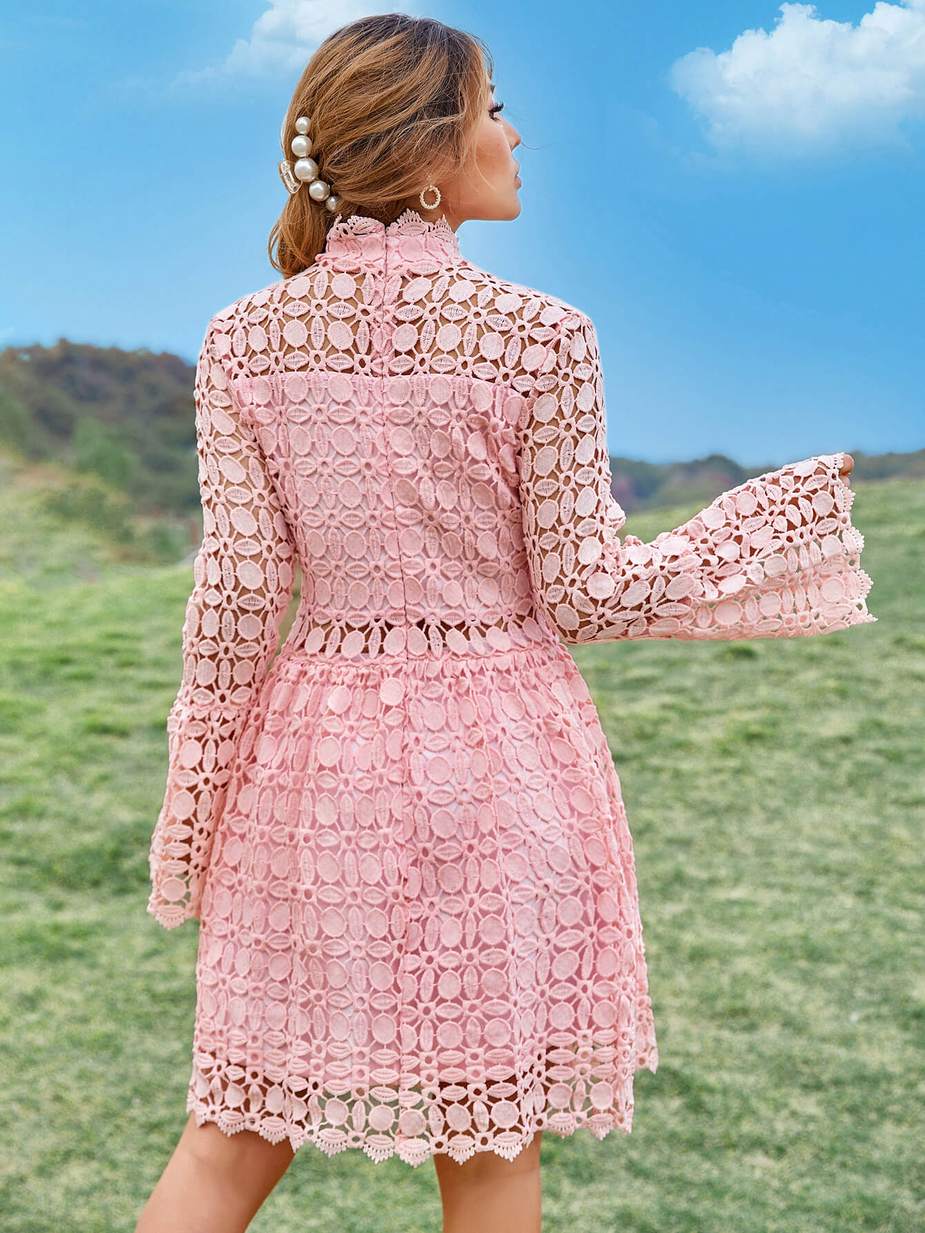 Lace Openwork Mock Neck Mini Dress *