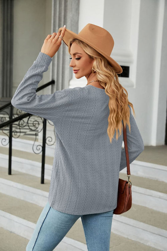 Full Size Decorative Button V-Neck Long Sleeve T-Shirt