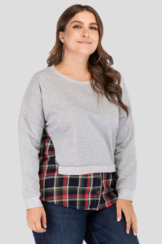 Women's Full Size Plaid Patch Drop Shoulder Round Neck Top