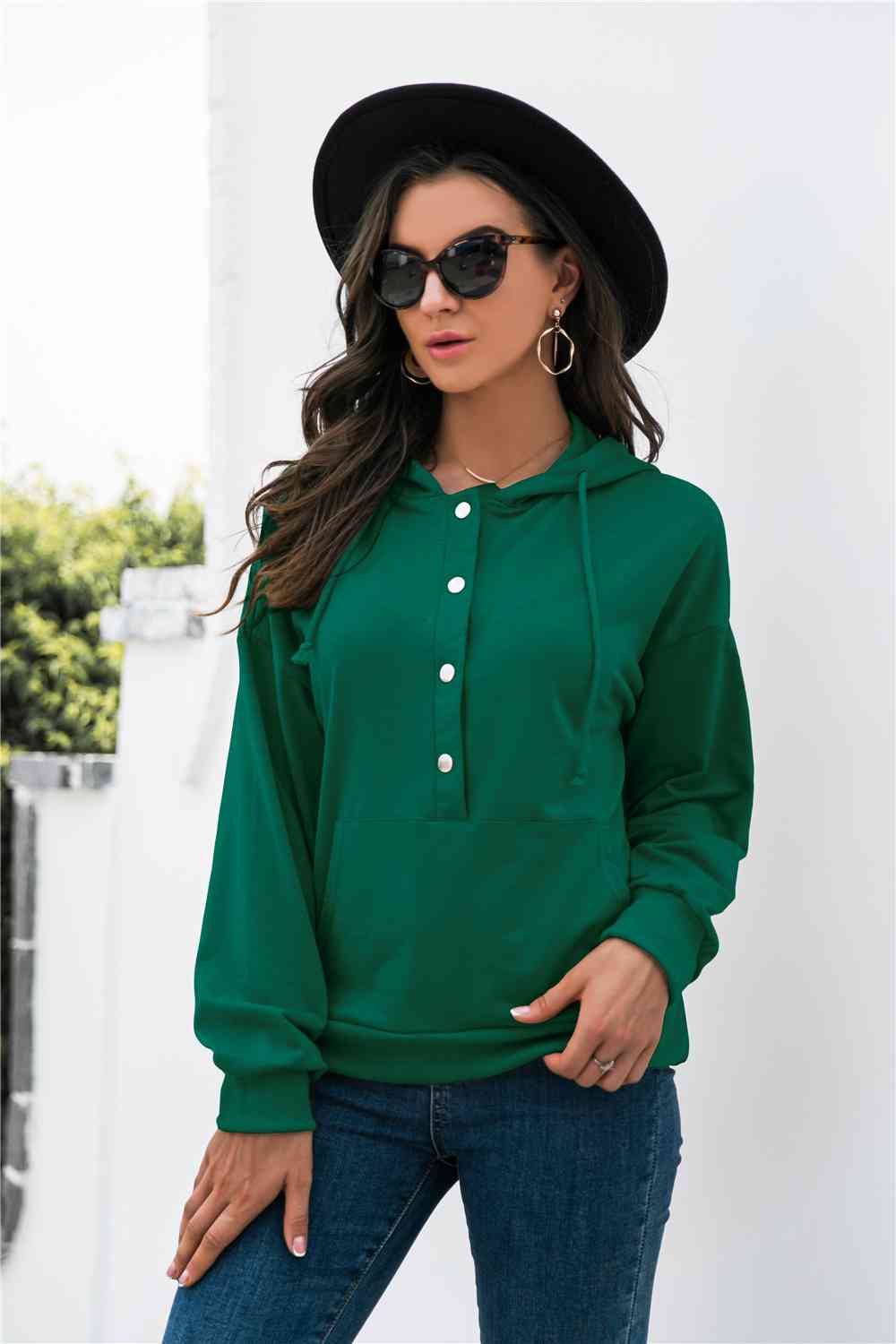 Full Size Half-Snap Green Drawstring Hoodie with Kangaroo Pocket