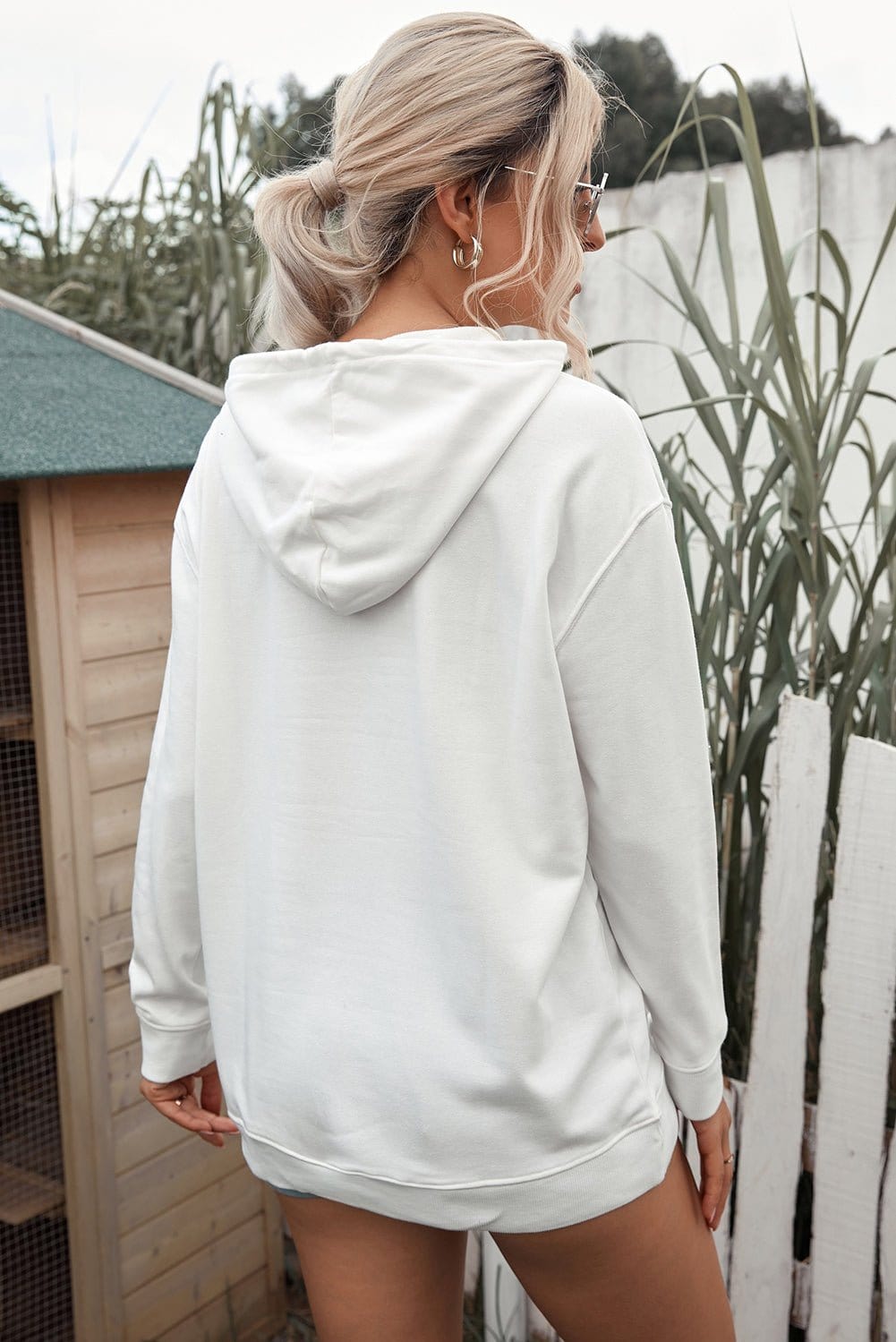 Full Size White Dropped Shoulder Hoodie with Kangaroo Pocket *