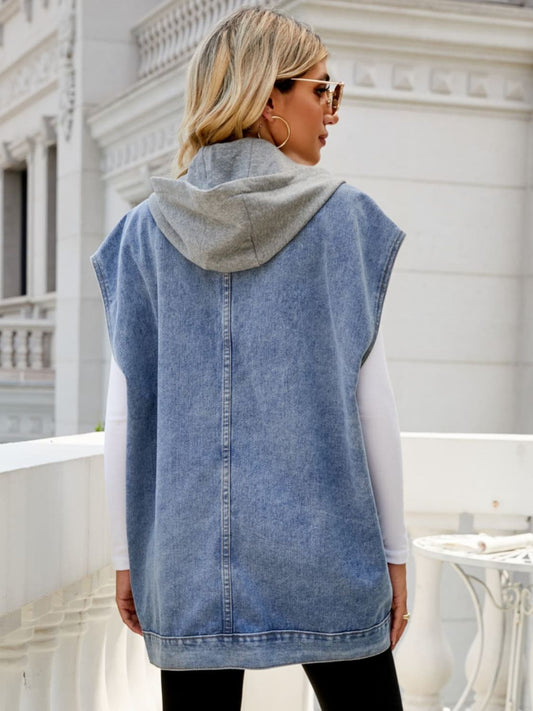 Women's Hooded Sleeveless Denim Top with Pockets