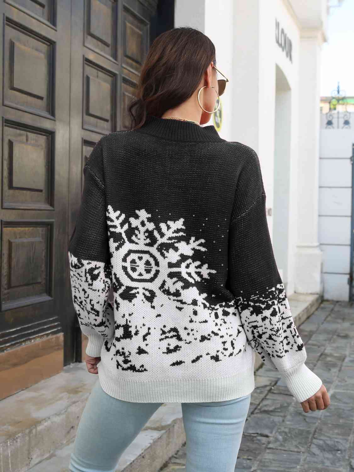 KnittedEmporium Christmas Snowflake Pattern Mock Neck Sweater