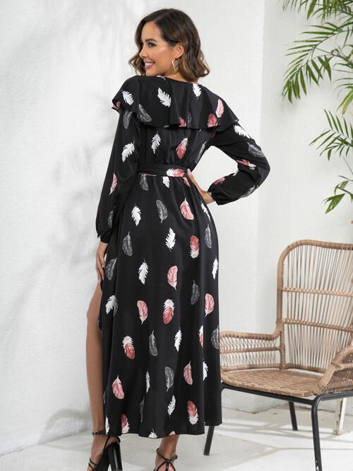 OhSoMidi Black Printed Tie Front Ruffle Trim Long Sleeve Dress