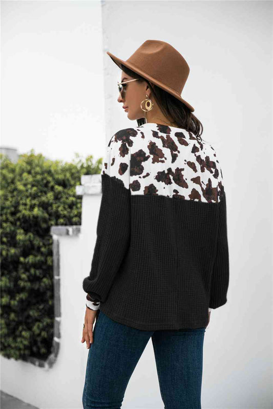 Animal Print Color Block Waffle-Knit Black Top