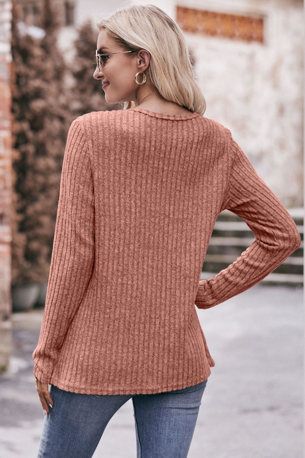 Full Size Ribbed Round Neck Buttoned Long Sleeve Tee