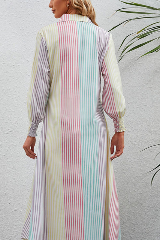 Full Size Rainbow Stripe Button-Up Maxi Shirt Dress
