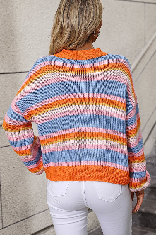 ZELDAlea Striped Round Neck Dropped Shoulder Sweater
