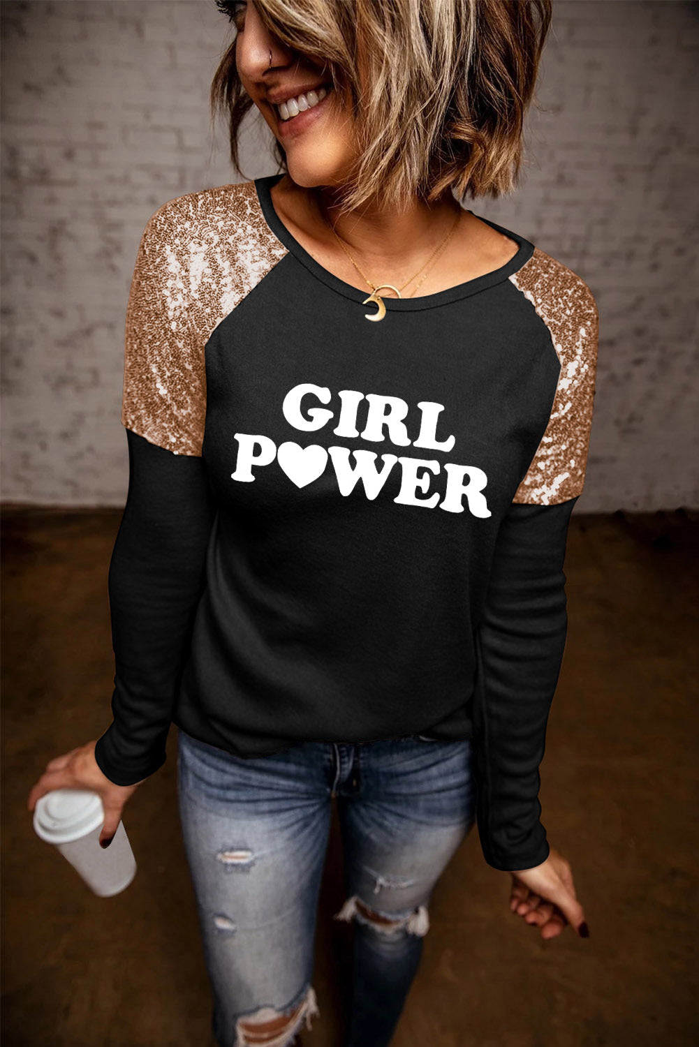 Women's Full Size GIRL POWER Sequin Long Raglan Sleeve Tee *