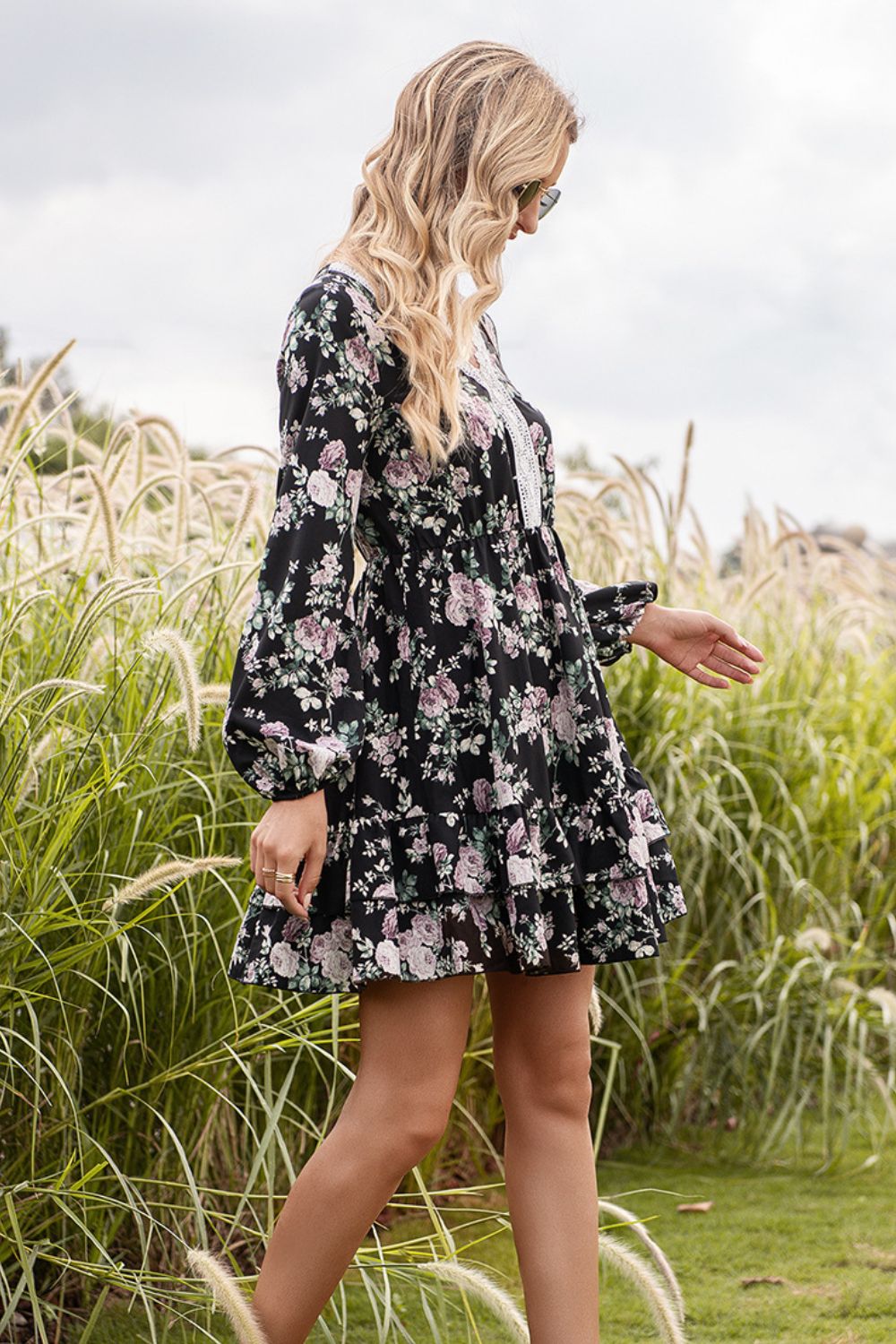 SO SASSY Floral Lace Trim Long Sleeve Dress