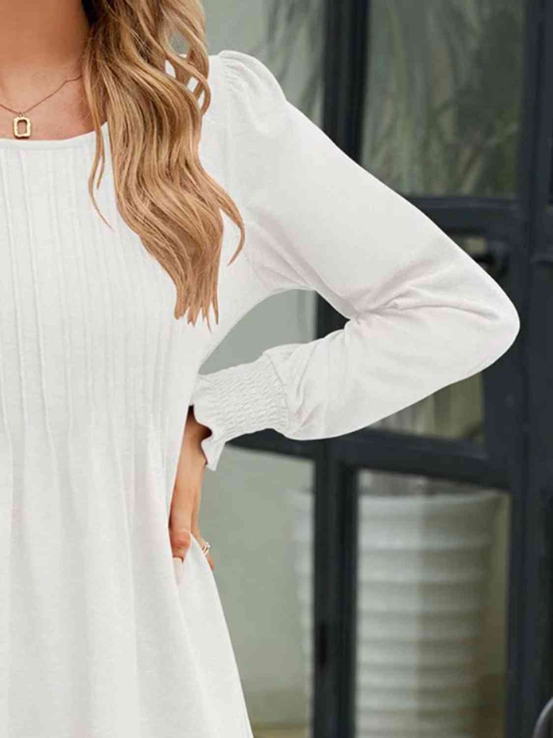 Aurora Lea Smocked Round Neck Lantern Sleeve Blouse